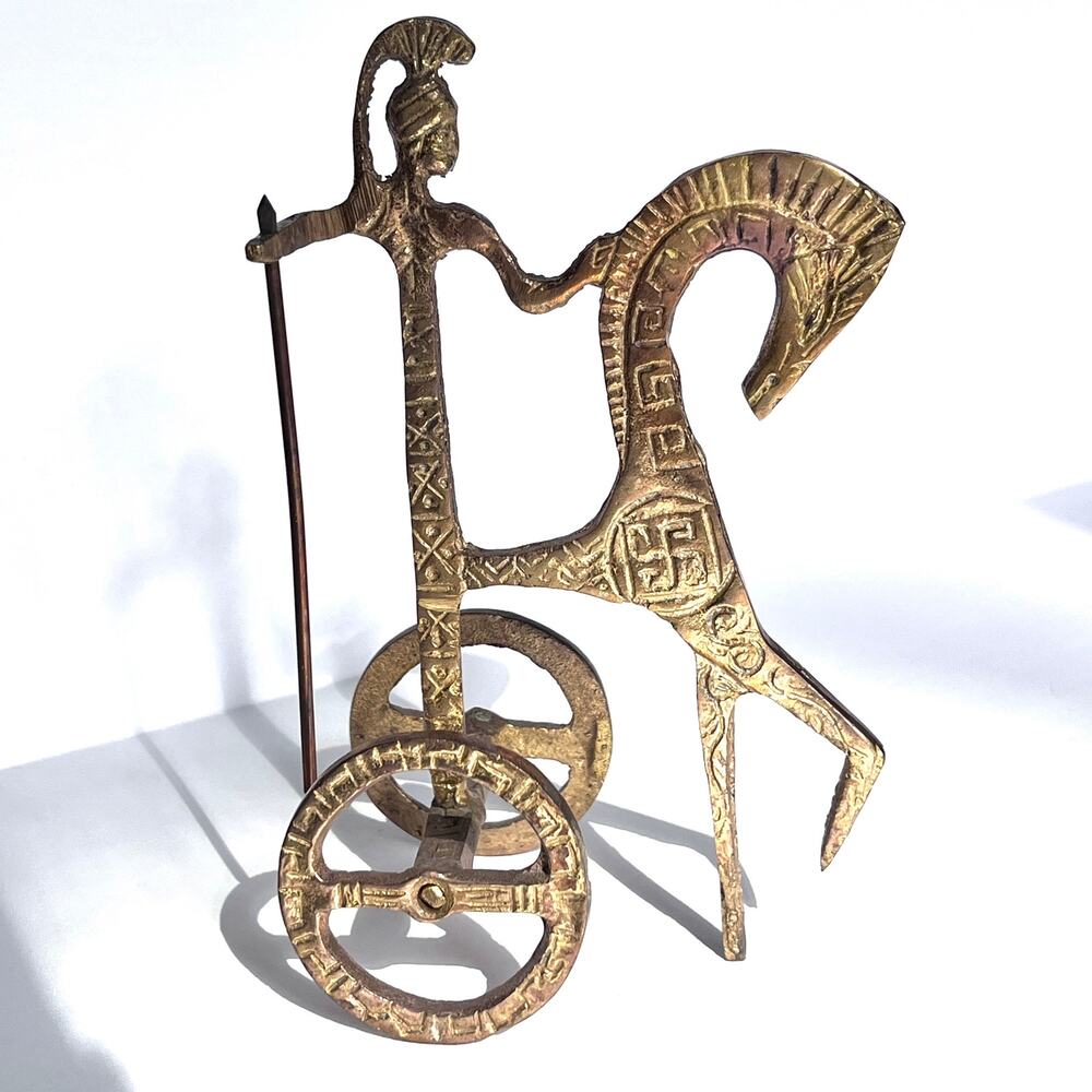 Vintage Brass Greek Chariot Warrior Goddess Athena Horse Stylized Geometric